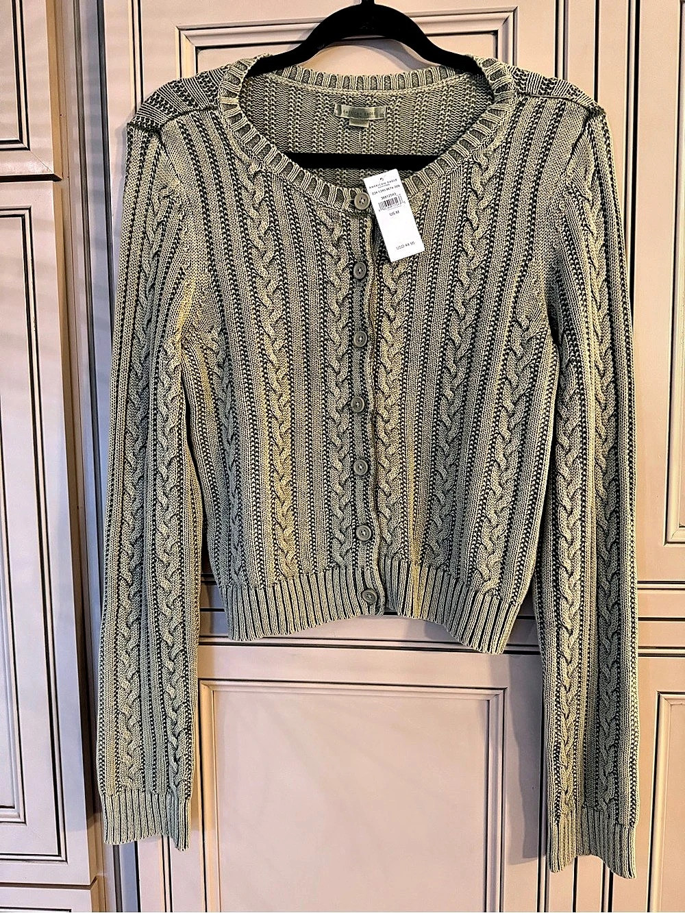 NWT AE American Eagle Button Down Cable Knit Cardigan Sweater Olive Green Med